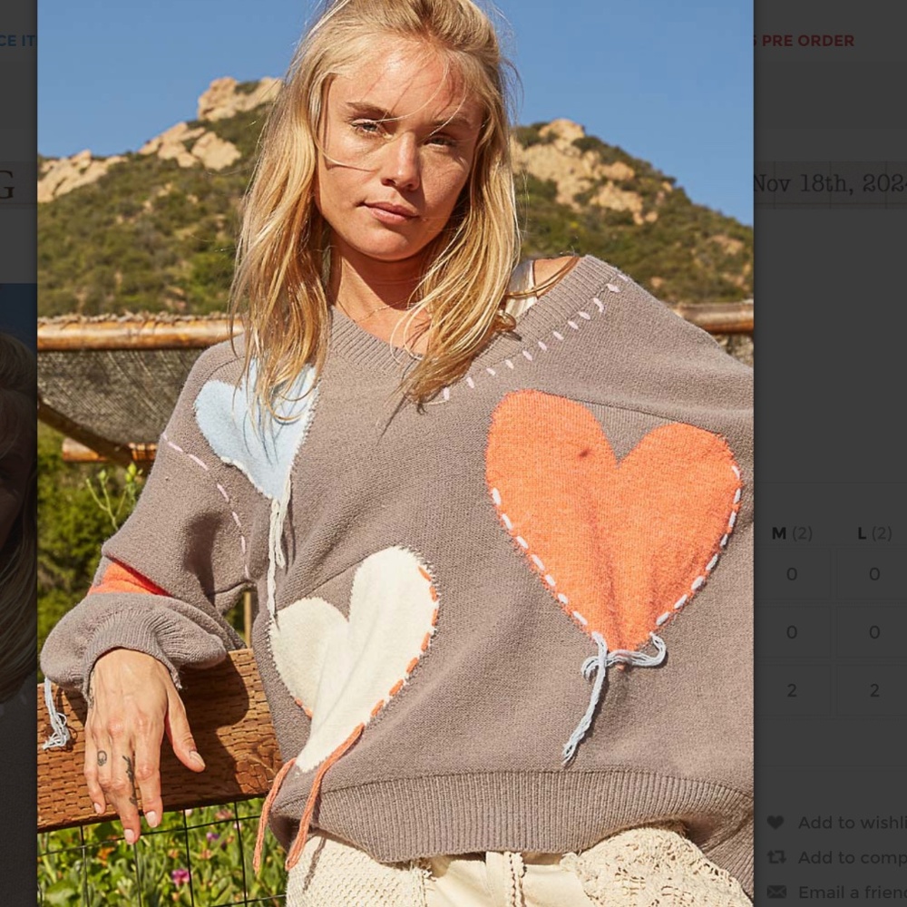POL top Taupe V-Neck Sweater with Orange, Cream, and Light Blue Hearts POL NEW - Picture 2 of 9